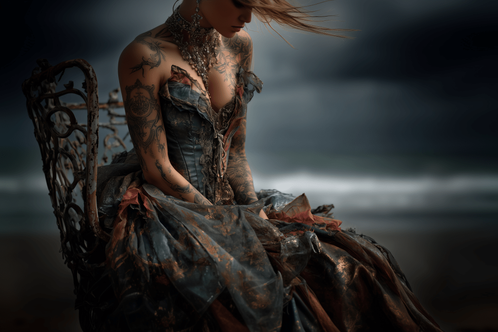A woman with tattoos sits in an ornate chair on a beach, wearing a distressed, layered gown. Her hair is blown by the wind, and the background depicts a moody, cloudy sky and ocean.