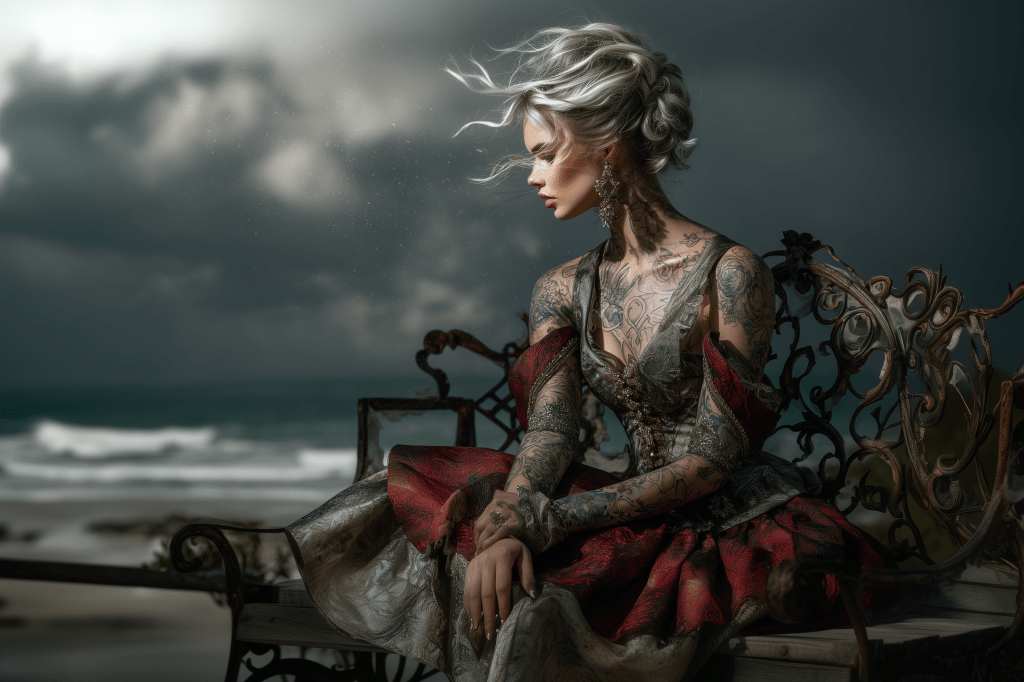 A tattooed woman with silver hair dressed in a red and black gown sits on an ornate chair by the beach, gazing into the distance with a dramatic sky behind her.