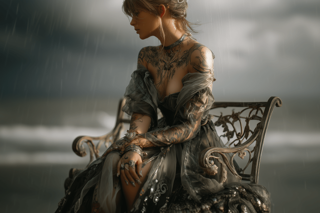 A woman with intricate tattoos sits on a decorative chair in the rain, wearing a flowing, elegant dress.