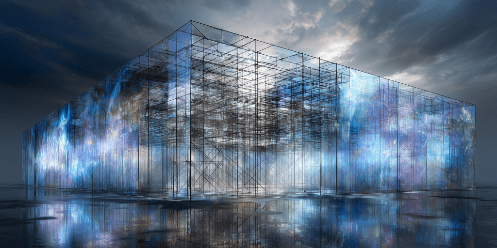 A large, futuristic building with a transparent, reflective surface displaying vibrant blue and purple hues under a cloudy sky.