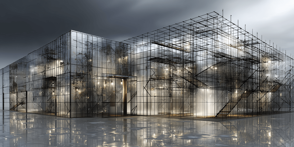 A modern architectural structure featuring a glass façade with a skeletal metal framework, illuminated by soft lighting, set against a cloudy sky.