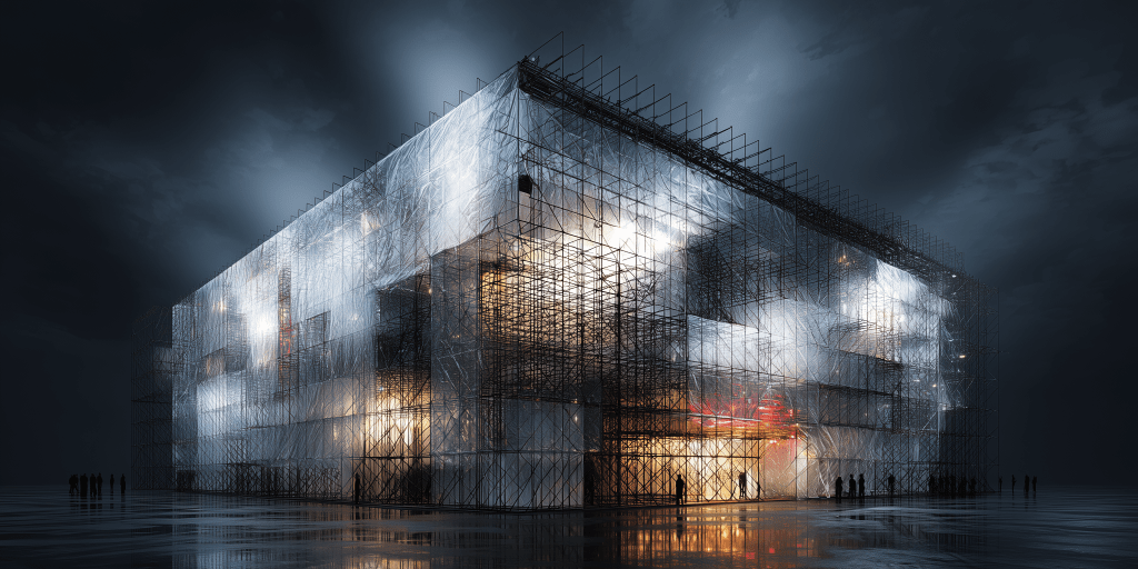 A modern, scaffolding-covered building illuminated from within, set against a dramatic dark sky.