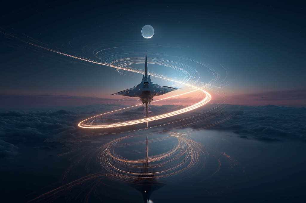 A futuristic aircraft with glowing trails flying above the clouds, reflecting in a calm surface, with the moon in the background.
