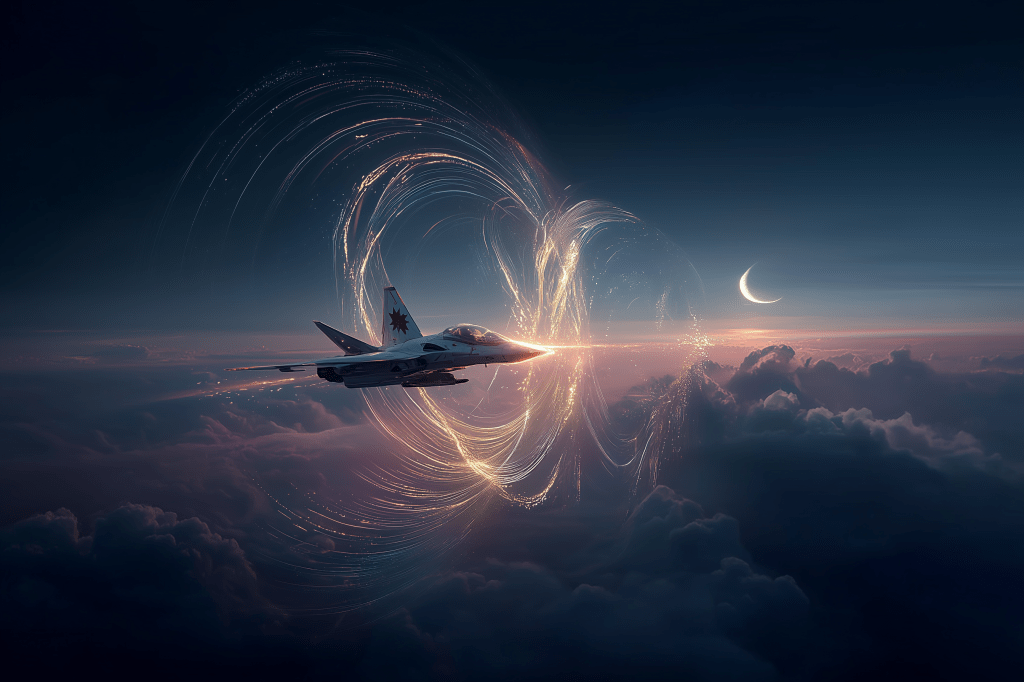A fighter jet flying through colorful swirling light patterns in the sky, surrounded by clouds and a crescent moon in the background.