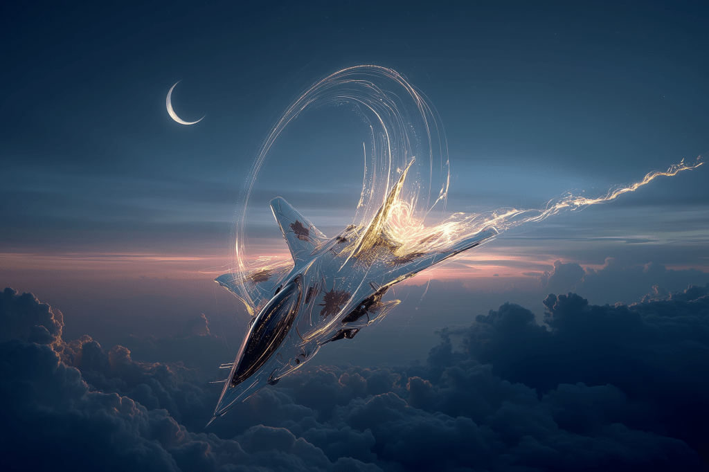 A futuristic jet aircraft performing a loop in the sky, emitting trails of light against a backdrop of clouds and a crescent moon.