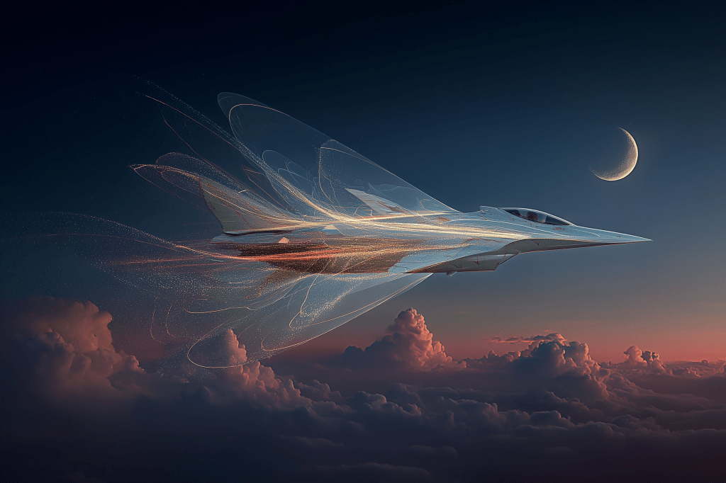 A futuristic jet aircraft soaring through a colorful sky filled with clouds, accompanied by a crescent moon in the background.