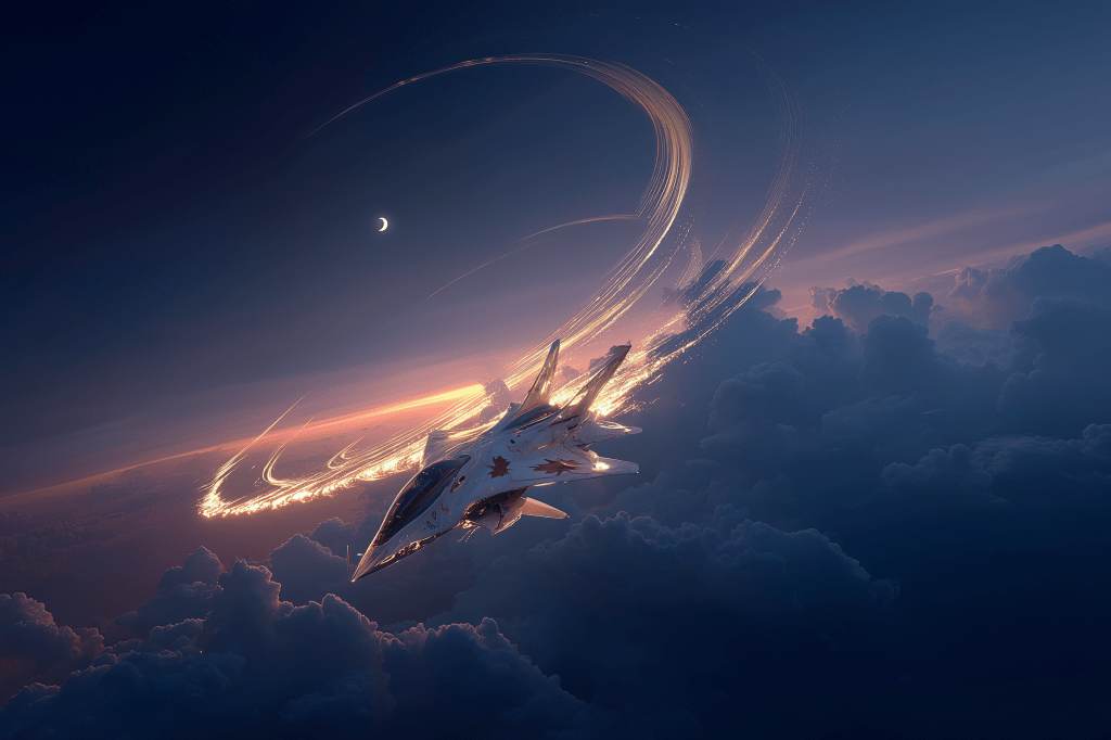 A futuristic aircraft soaring through a colorful sky, leaving a trail of light behind, with a crescent moon visible in the background.