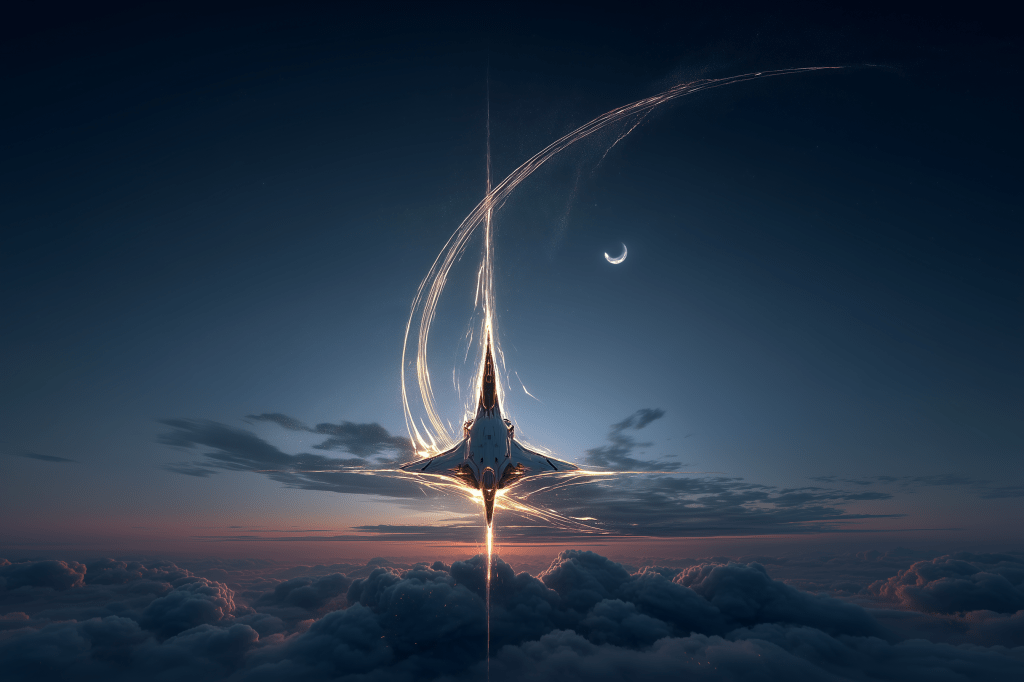 A futuristic starship emerging from a portal in the clouds during dusk, with a crescent moon in the background and glowing trails of light radiating from the ship.