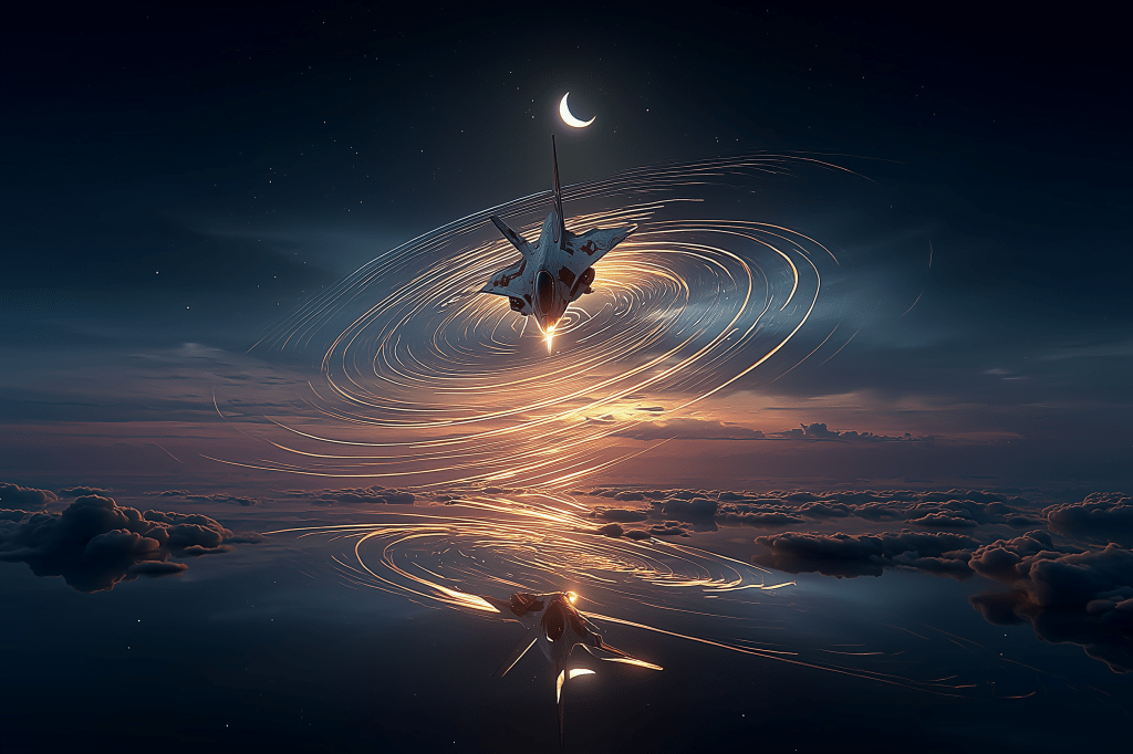 A futuristic spacecraft soaring through a cosmic scene with swirling trails of light, reflecting on a tranquil surface below, set against a starry sky with a crescent moon.