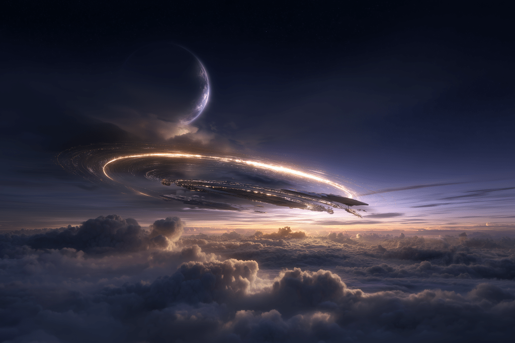 A panoramic view of a futuristic spaceship surrounded by a swirling energy ring, set against a backdrop of clouds and a distant planet illuminated by a celestial light.