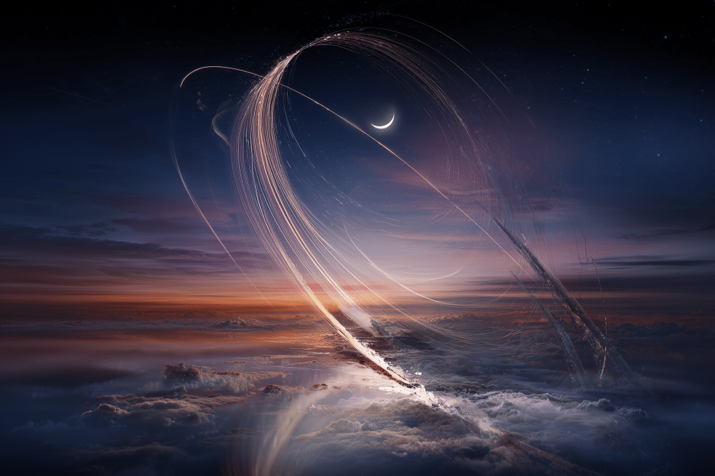 A mesmerizing cosmic scene depicting swirling light trails against a twilight sky with a crescent moon and clouds below.