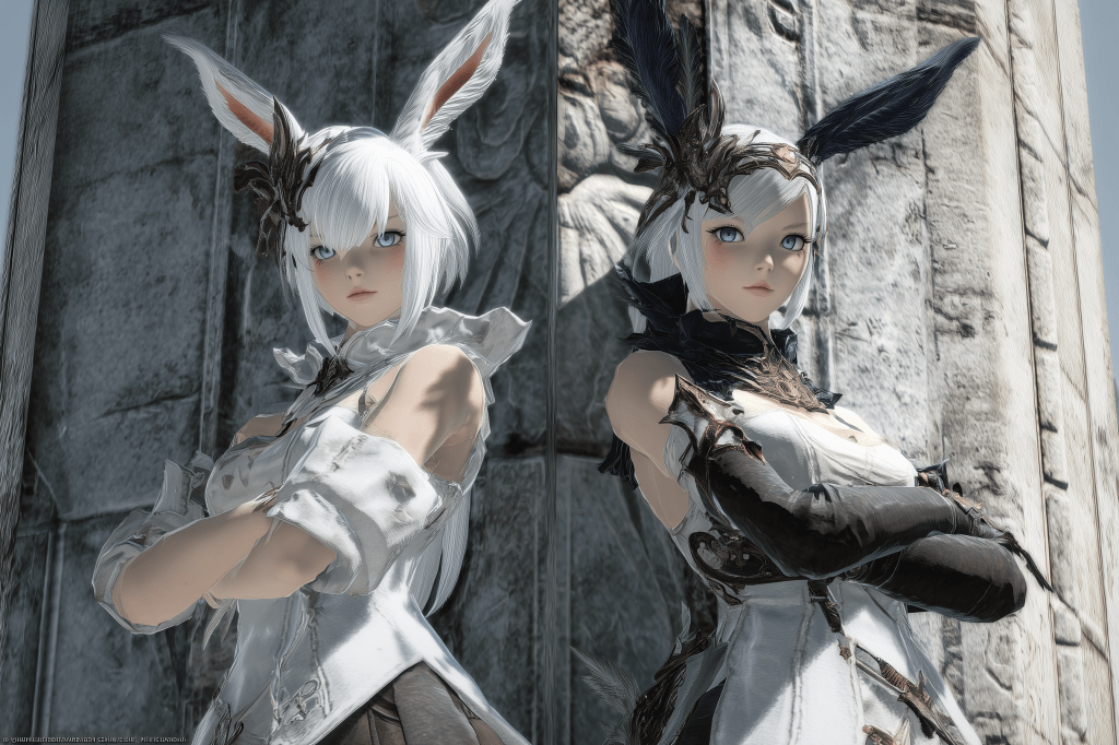 Two female characters with bunny ears, dressed in elegant fantasy outfits, standing confidently in front of a stone structure.