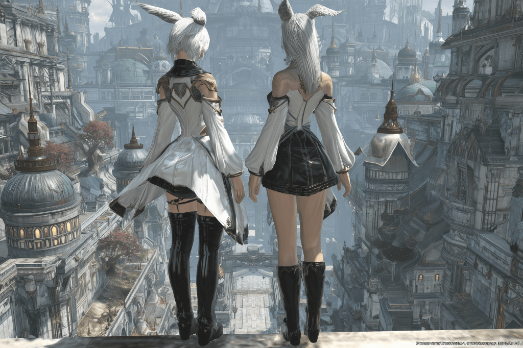Two fantasy characters with white hair and animal ears stand on a ledge overlooking a detailed, towering cityscape.