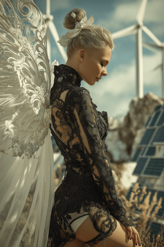 A woman with elegant features, wearing a black lace outfit, stands next to large, intricately designed white wings. The background features wind turbines and solar panels, suggesting an eco-friendly theme.