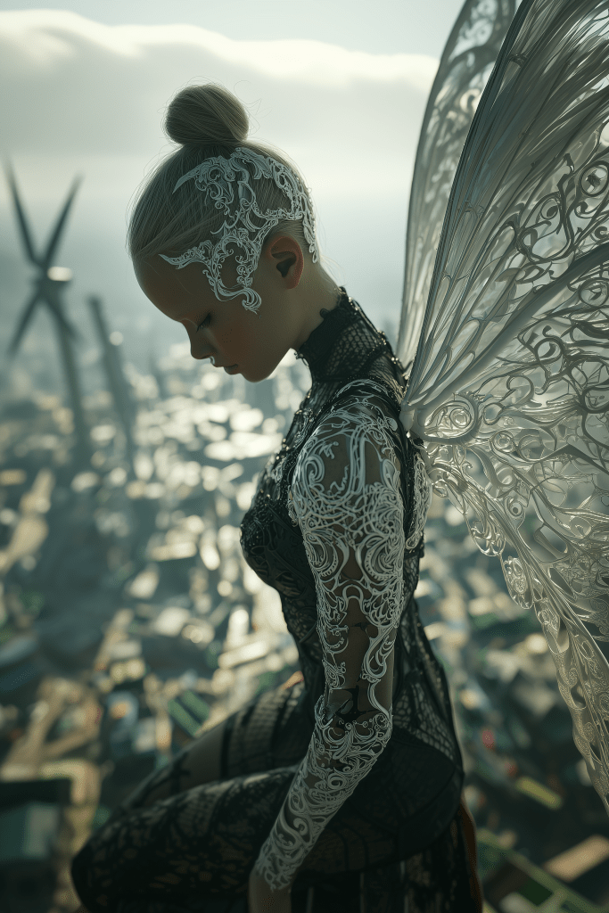 A fairy-like figure with intricate lace wings and styled hair, sitting gracefully against a blurred backdrop of a cityscape with a cloudy sky.