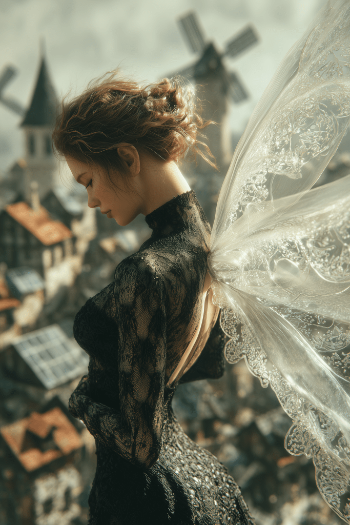 A woman in a black lace dress stands with her back to the viewer, featuring delicate transparent wings, against a backdrop of windmills and rooftops.