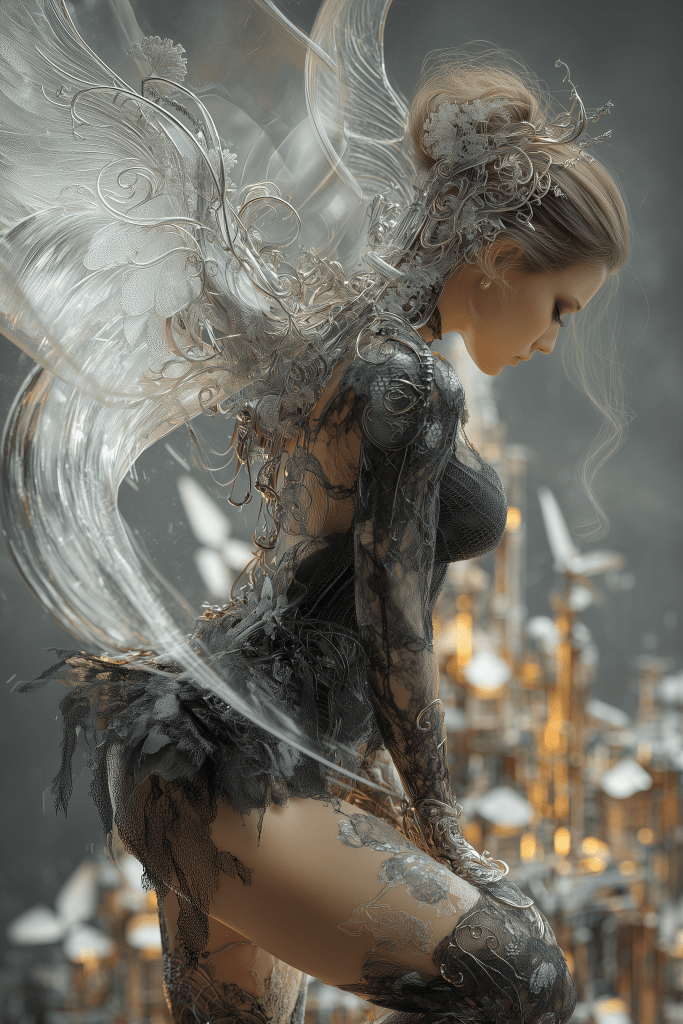 A graceful ethereal figure with intricate wings and a floral design, dressed in a dark lace outfit, exudes a mystical aura against a softly illuminated background.