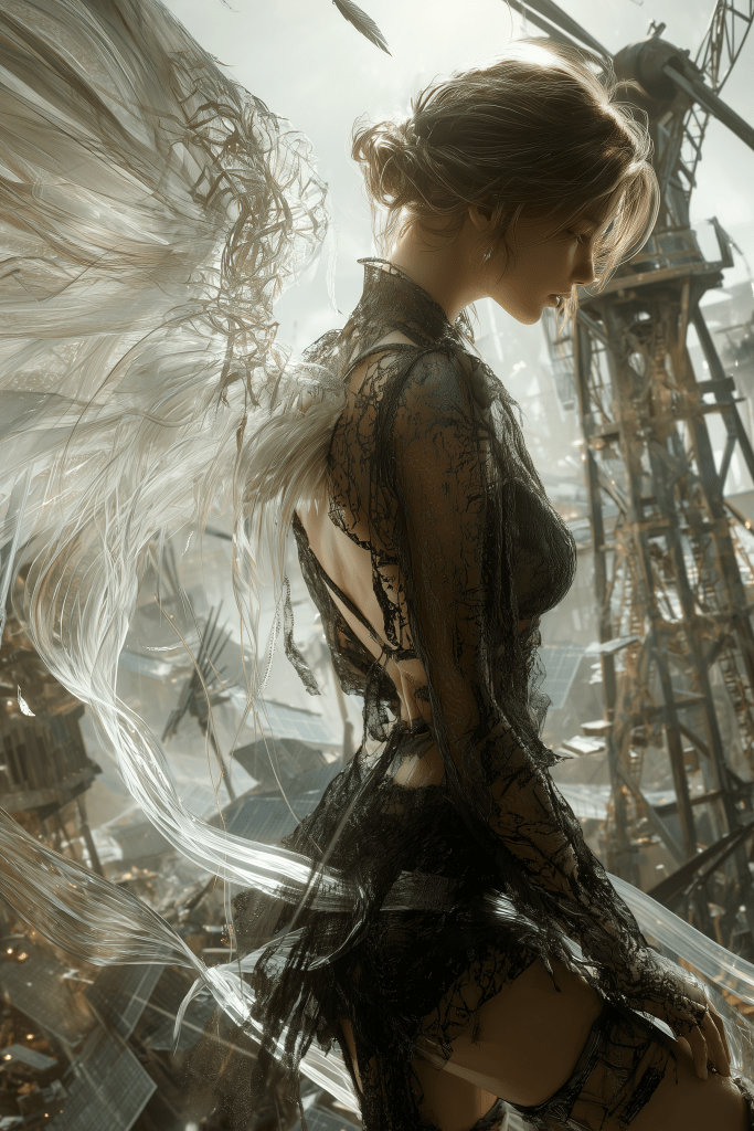 A serene figure with ethereal wings, wearing a delicate black lace outfit, stands amidst an industrial background with scattered structures and soft lighting.