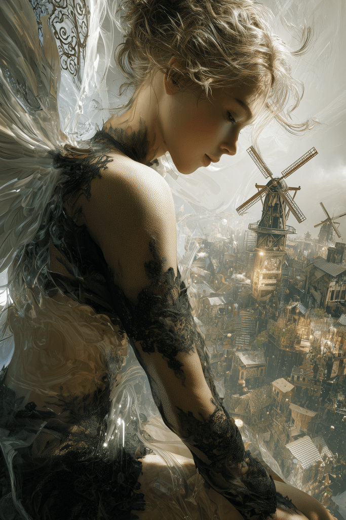 A serene figure with angelic wings gazes thoughtfully, set against a fantastical cityscape featuring windmills and intricate architecture.