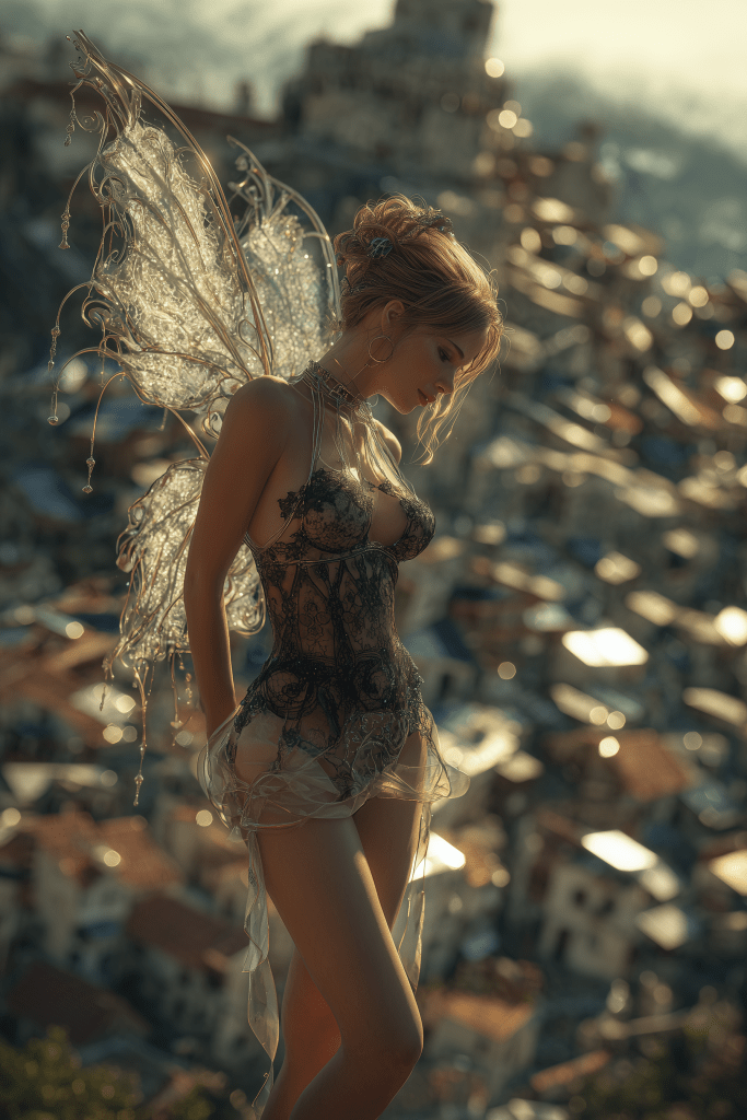 A fairy with iridescent wings poses gracefully against a backdrop of a scenic village with rooftops glimmering in the sunlight.