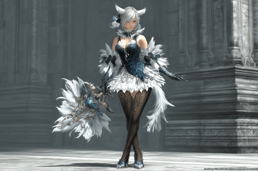 A fantasy character in an elaborate costume featuring feathers and intricate details, standing in a stone-clad environment. The character has white hair and is holding a large, decorative weapon.
