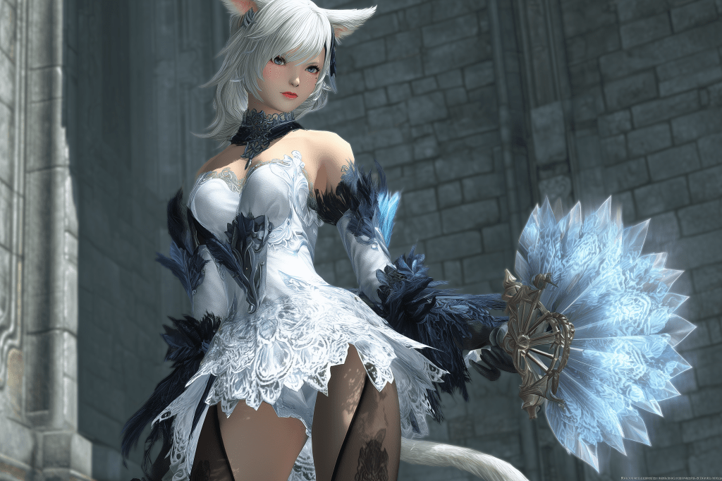A fantasy character with cat-like features, wearing a detailed white and black dress, holding an ornate fan. The background features stone architecture.