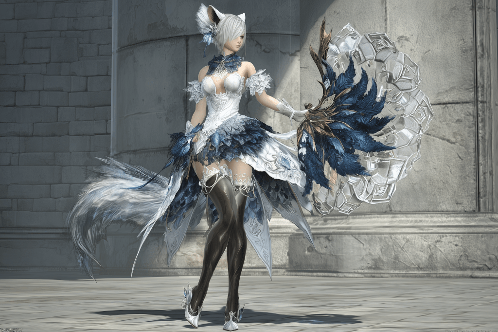 A fantasy character wearing an elaborate white and blue outfit with fox-like features, including a fluffy tail and ears. The character is posed elegantly, holding a fan with intricate designs, set against a stone architecture background.