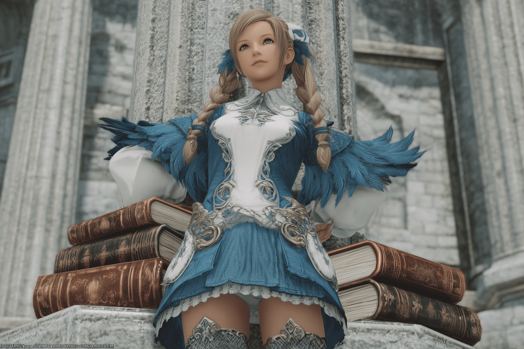 A character in a blue and white fantasy outfit with feathered details, standing in front of large books stacked on each other in a stone setting.