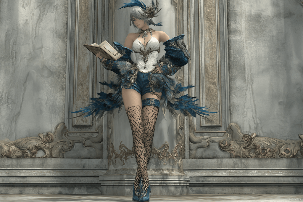 A character in elaborate blue and white costume with feather details, reading a book while leaning against a decorative wall.