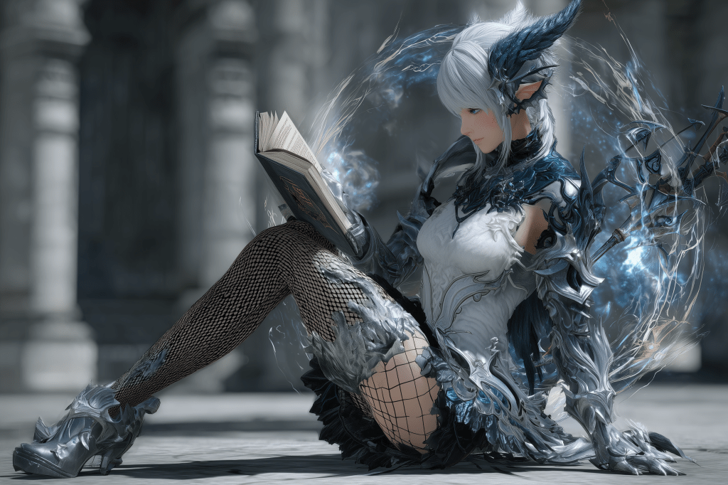 A character in fantasy attire with intricate armor and a glowing book, sitting on the ground with a magical aura around them.