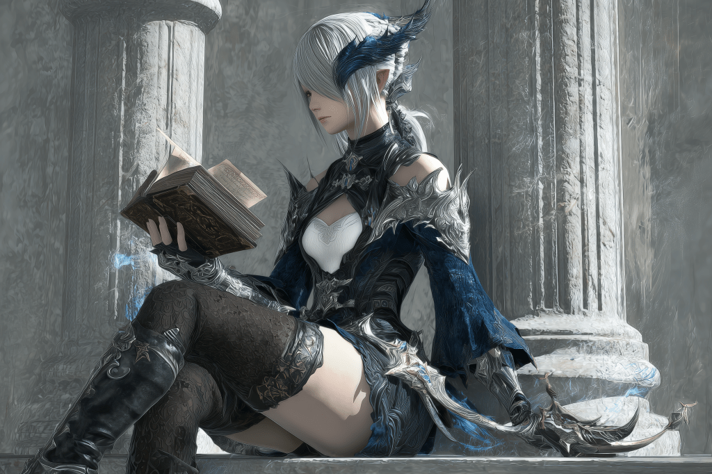 A fantasy character with silver hair and elaborate armor sits on a stone ledge, reading an ancient book in a mystical setting adorned with columns.