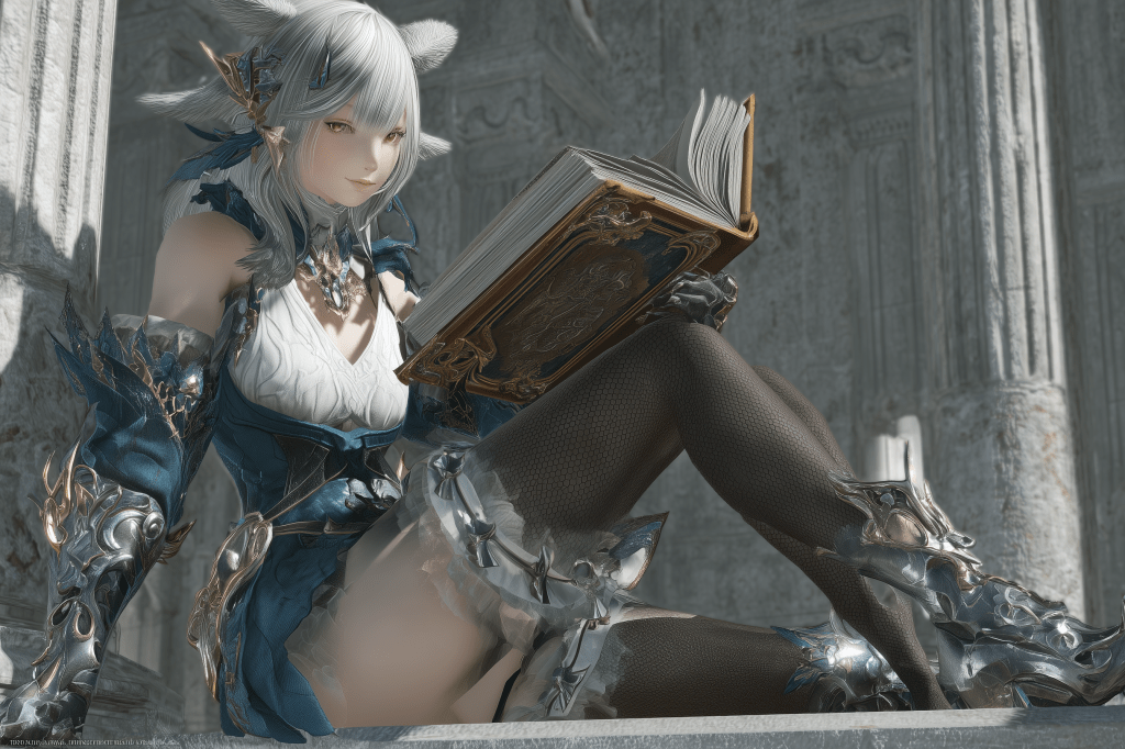 A character in ornate armor, sitting and reading a large book, with a detailed background featuring classical architecture.