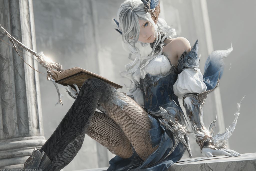 A fantasy character with long white hair, wearing a blue and white outfit, sits gracefully on a stone pillar, holding an open book in one hand and an ornate weapon in the other.