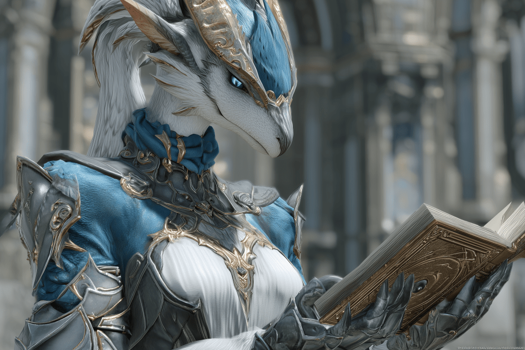 A humanoid dragon figure in ornate armor and blue accents holds an open book, depicted in a grand, architectural setting.