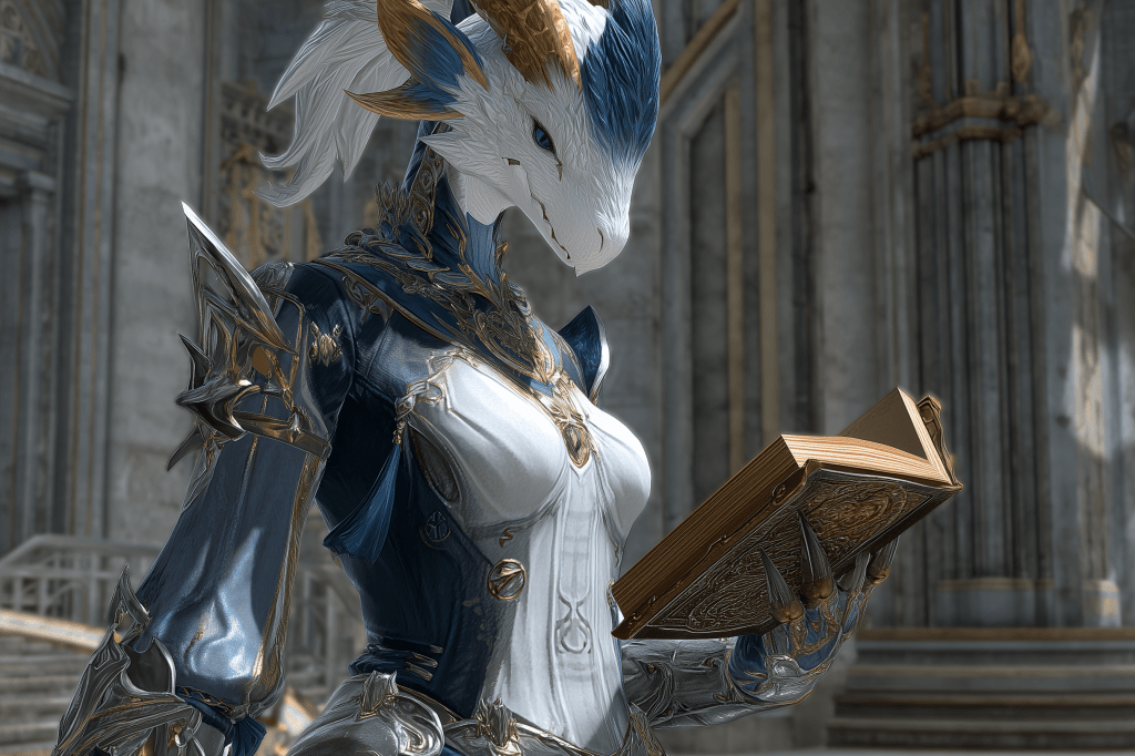 A fantasy character with dragon-like features, dressed in ornate armor, holds an intricately designed book in a grand architectural setting.