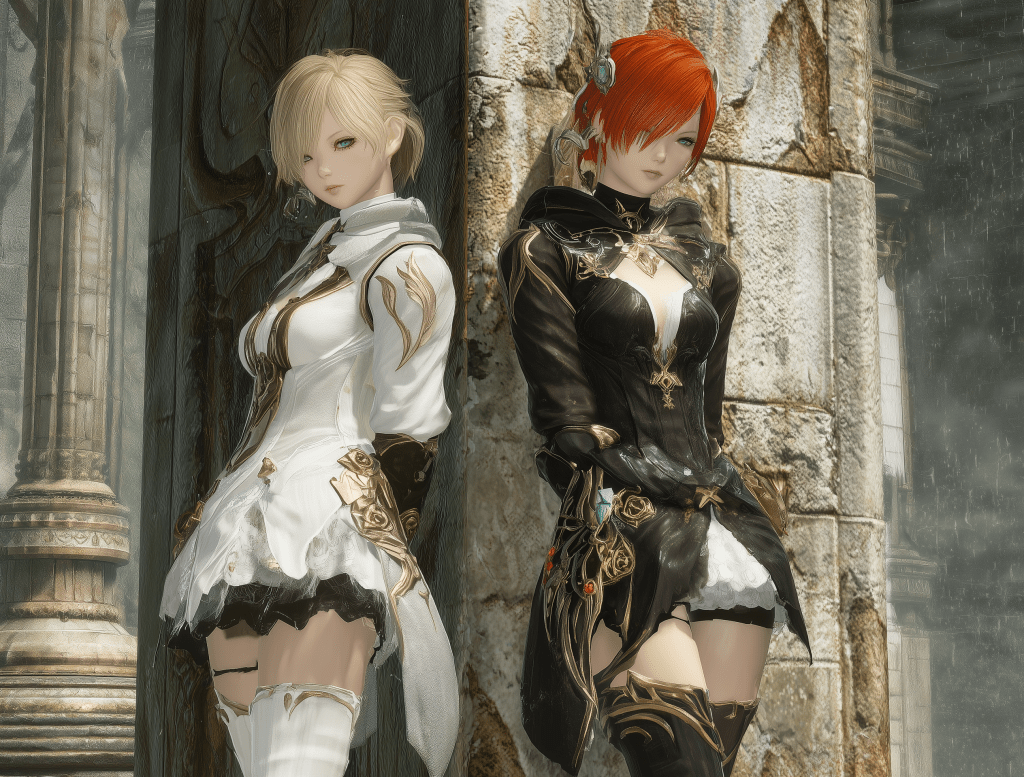 Two female characters in fantasy outfits, one wearing a white dress with gold accents and the other in a black and gold ensemble, posing against a stone wall with a rain-soaked background.