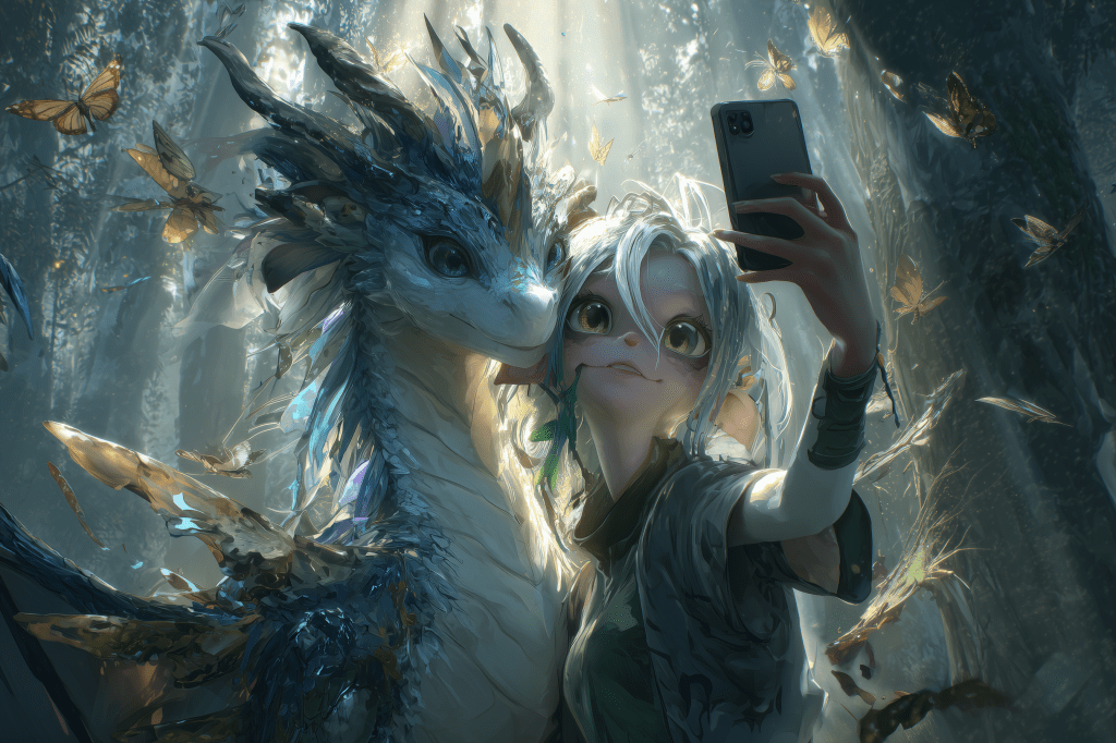 A person with white hair taking a selfie with a friendly dragon in a mystical forest, surrounded by butterflies and soft light filtering through the trees.