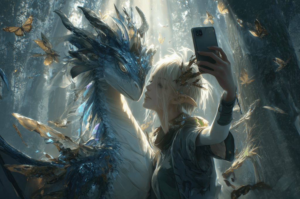 A young elf taking a selfie with a majestic dragon in a mystical forest, surrounded by butterflies and ethereal light.