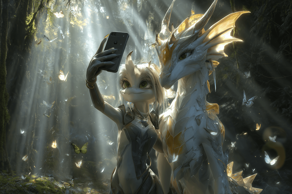 A fantasy character, resembling a bird, takes a selfie with a majestic dragon in a sunlit forest filled with butterflies.