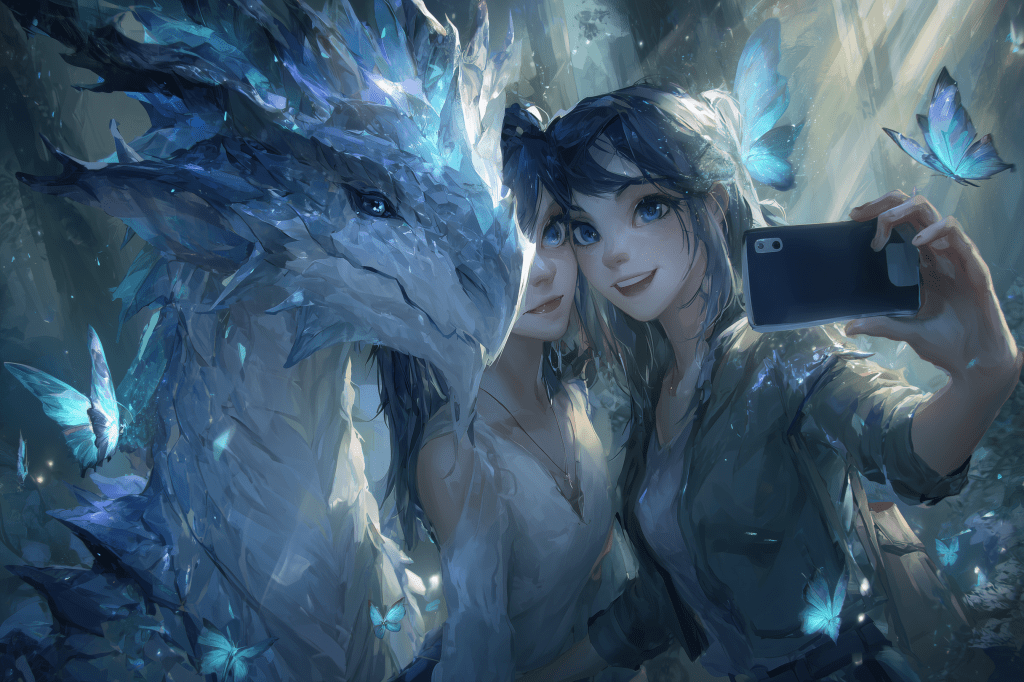 A fantasy scene featuring two young women taking a selfie with a large, majestic dragon beside them, surrounded by glowing blue butterflies in a mystical forest setting.