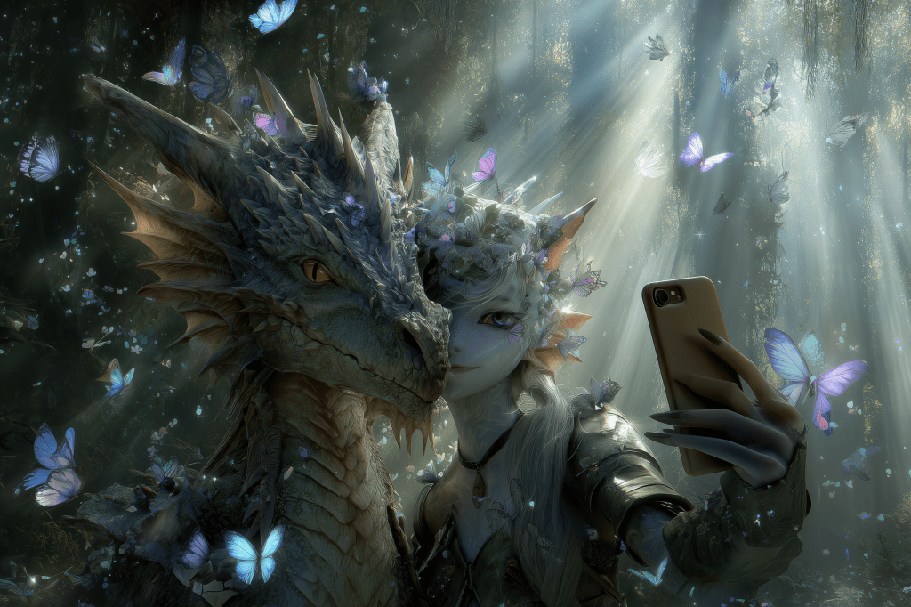 A fantasy scene featuring a young woman and a dragon taking a selfie amidst floating butterflies and beams of light in a mystical forest.