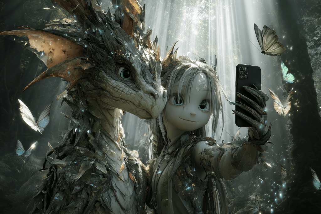 A whimsical character with flowing hair and nature-inspired attire takes a selfie with a dragon-like creature in a magical forest, surrounded by butterflies and beams of light.
