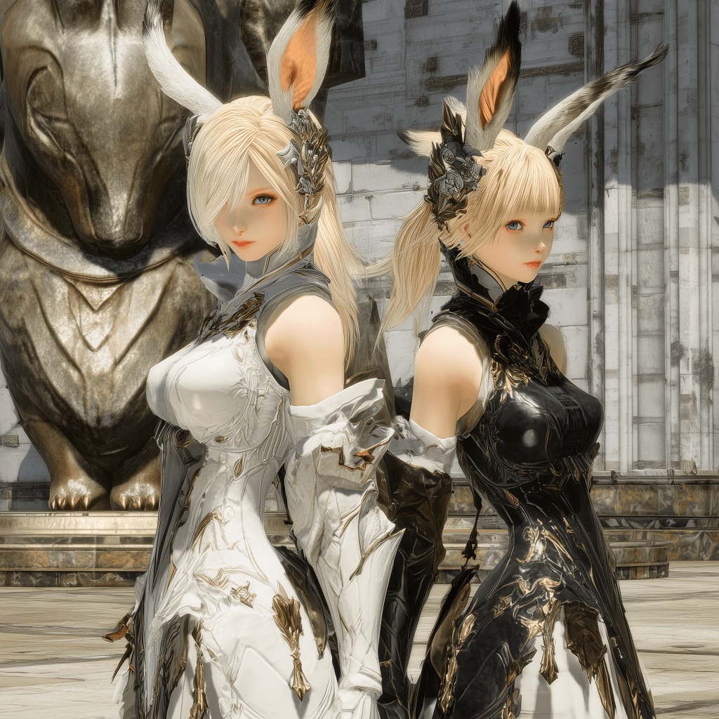 Two fantasy characters with bunny ears stand side by side, one in a white outfit and the other in a black outfit, against a detailed architectural background.