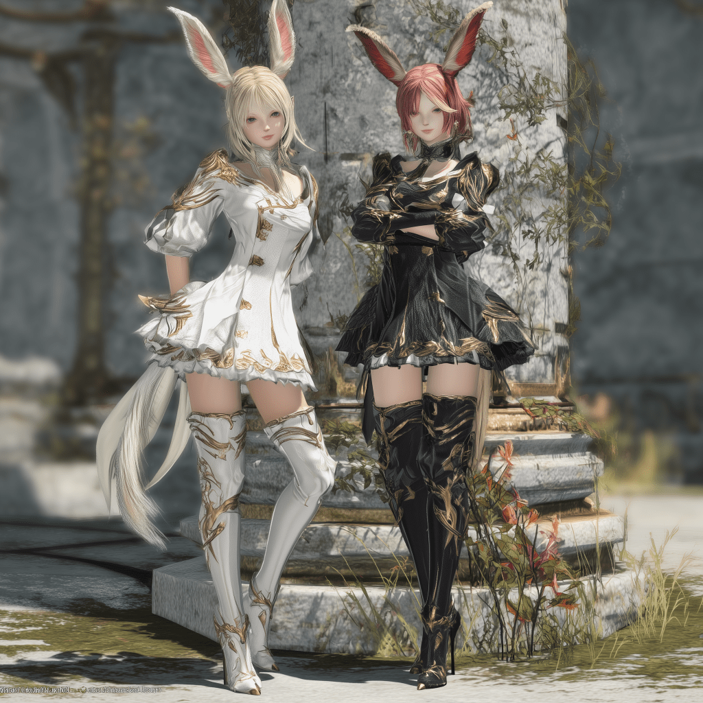 Two anthropomorphic characters with bunny-like ears, one in a white outfit and the other in a black outfit, posing together in a natural outdoor setting.