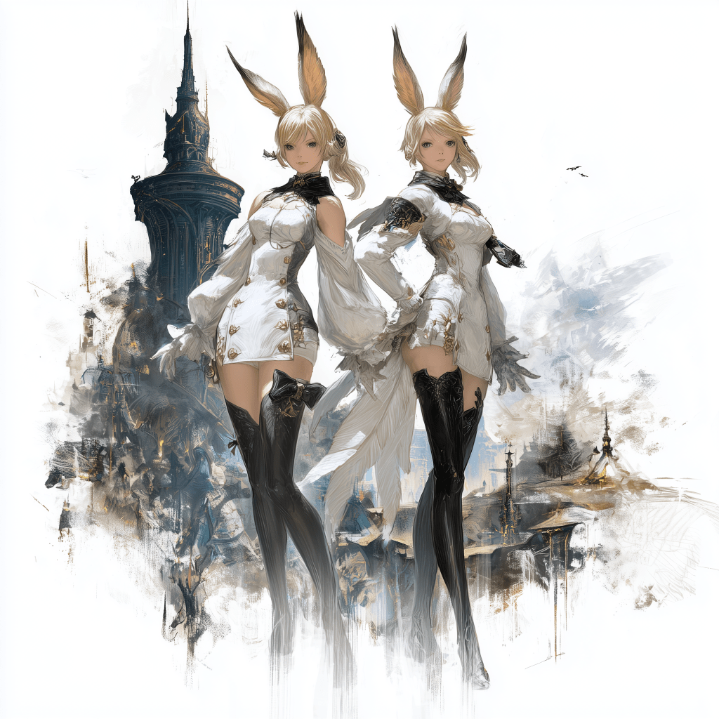 Two fantasy characters with bunny ears, wearing stylish white outfits with intricate details and black thigh-high boots, standing against a dreamy, artistic background featuring a tower.