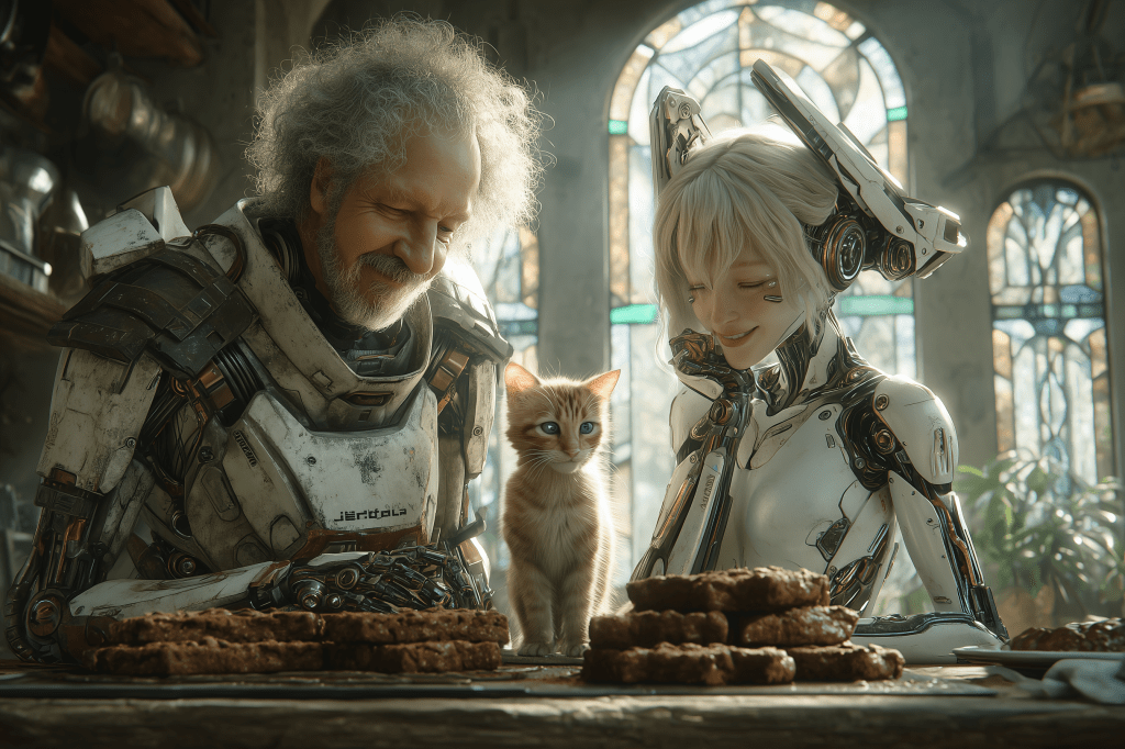 A cheerful elderly man and a humanoid robot smiling at each other while sitting at a table filled with cookies, accompanied by a curious orange kitten in a cozy, sunlit room with stained glass windows.
