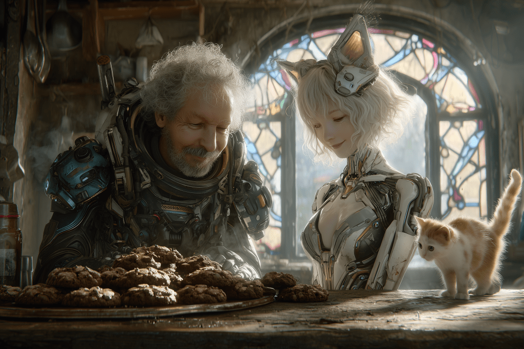 An elderly man and a humanoid robot with cat ears share a moment in a cozy kitchen, admiring a plate of freshly baked cookies, while a small orange and white kitten watches.