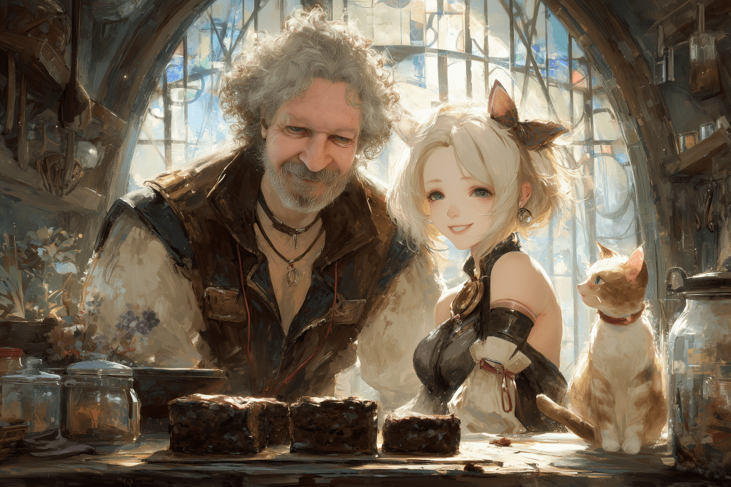 A joyful older man and a young woman with cat ears pose together in a cozy kitchen filled with jars and baked goods, accompanied by a curious cat.