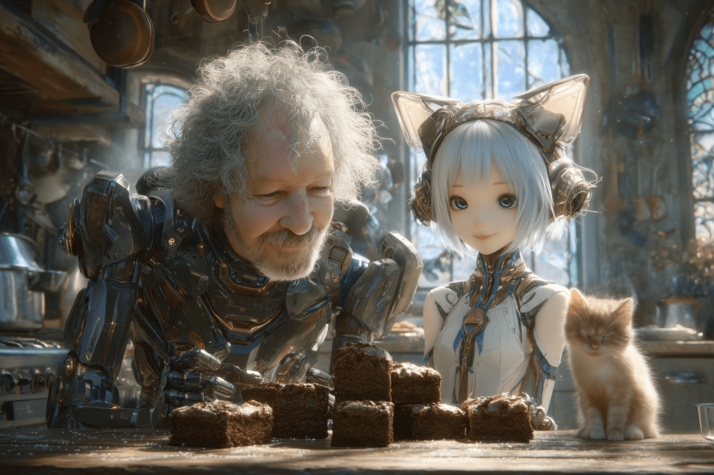 A humanoid robot and a girl with cat-like features are smiling at a table filled with chocolate cakes in a cozy kitchen, accompanied by a small cat.