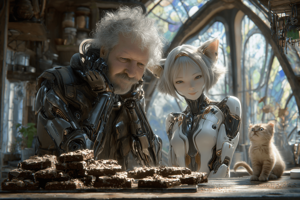 A humanoid robot and a robotic girl smiles together in a cozy kitchen, examining a plate of brownies, while a small kitten looks on.